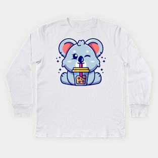 Cute koala drinking boba milk tea cartoon Kids Long Sleeve T-Shirt